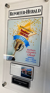 Reporter-Herald Readers' Choice 2021 Best Auto Body Shop plaque awarded to JD's Collision Repair