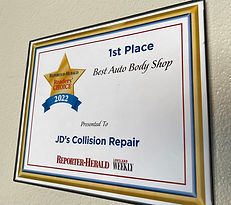 2022 1st Place Best Auto Body Shop certificate awarded to JD's Collision Repair